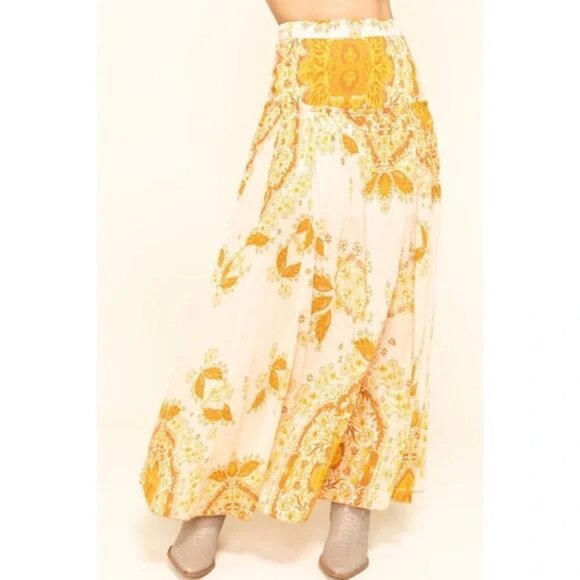 Free People Farrah Drop Waist Maxi Skirt Printed Tiered Ivory Combo Size 0 - Picture 4 of 12